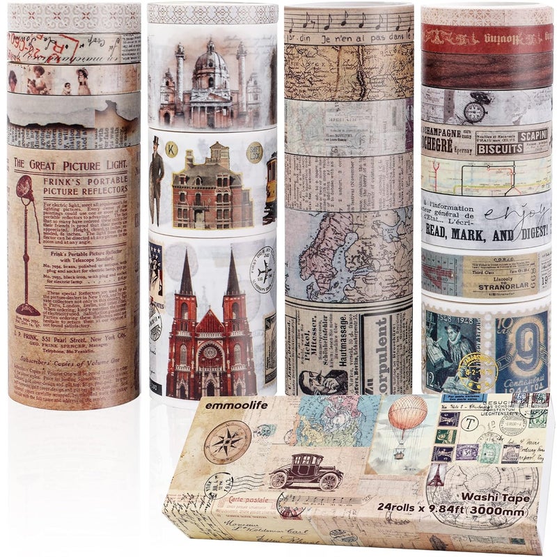 emmoolife 24 Rolls Vintage Washi Tape Set, Antique Car Buildings Map Stamp Stripe Writable Aesthetic Washy Decorative Tapes for Scrapbooking, Junk Journal Supplies, Bullet Journaling 5-75mm Wide (3m Long)/Roll - Image 2